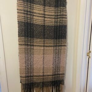 Black and Tan Plaid Scarf with Soft Texture and Fringe